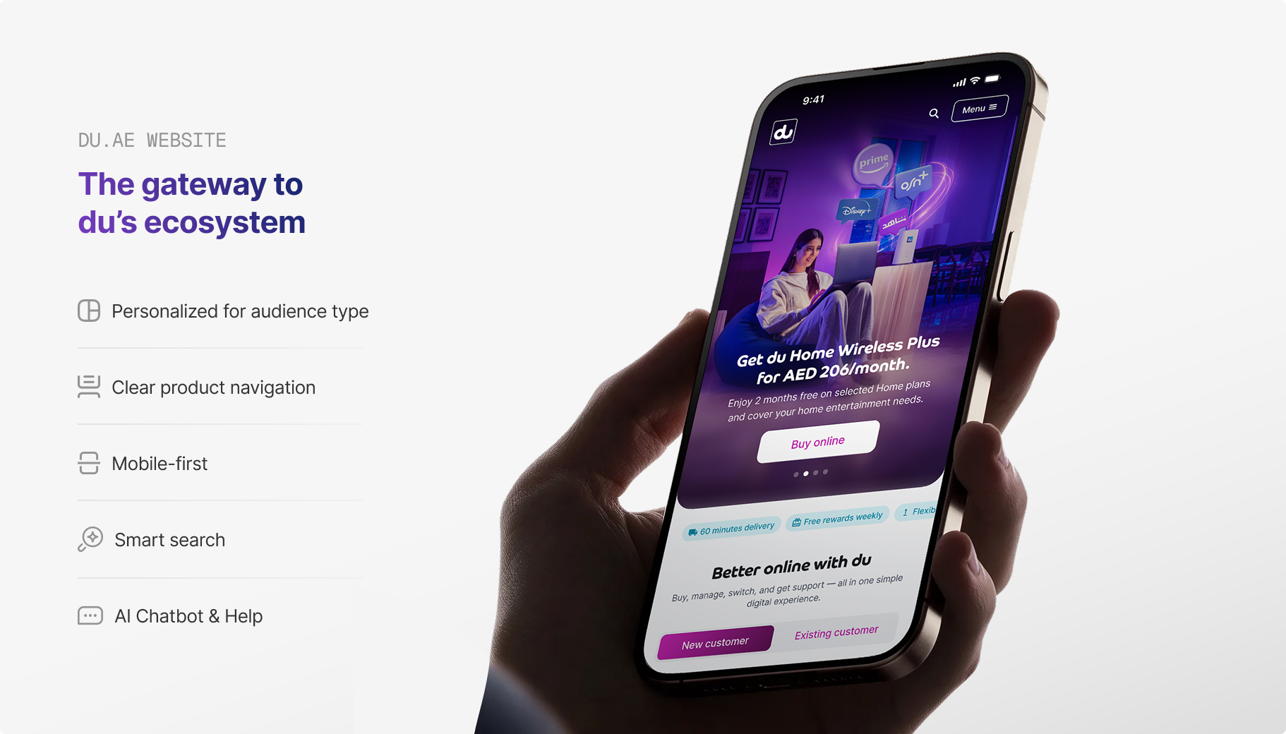 du website — screens showing landing page of du website, login options, and key products